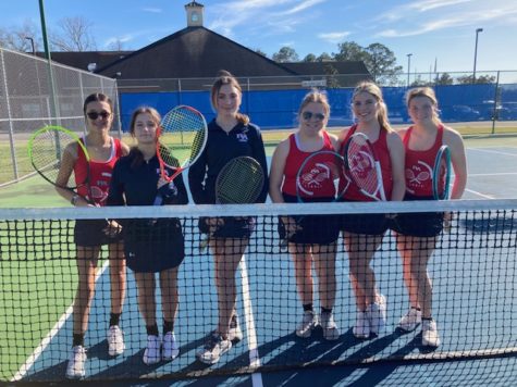 This years tennis team includes, from left, Chloe Madere, Saylor DeRoche, Emma Babin, Kallie Bourgeois, Kaydence Hoover and Rhonda Scott