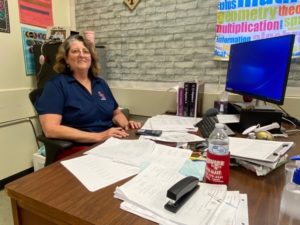 Math teacher Marie Villere, who retired after the 2021-22 school year, is back at her old desk. 