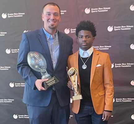 Riverside Academy coach Lee Roussel, left, accepted the Team of the Year award from the Greater New Orleans Quarterback Club this week. Dedric Lastie received an award for being named the Player of the Week in Week 6 of the season.