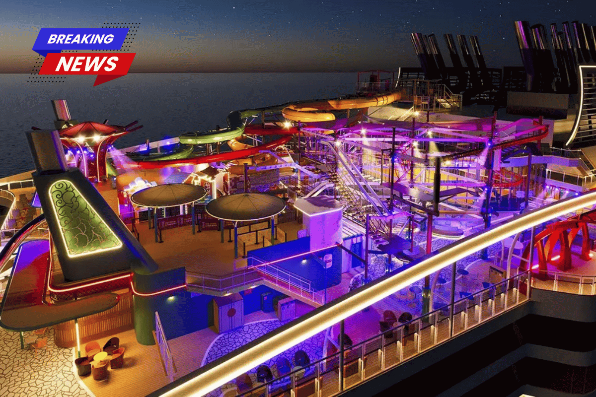 A massive new cruise ship reveals a breathtaking outdoor theme park in the midst of the ocean