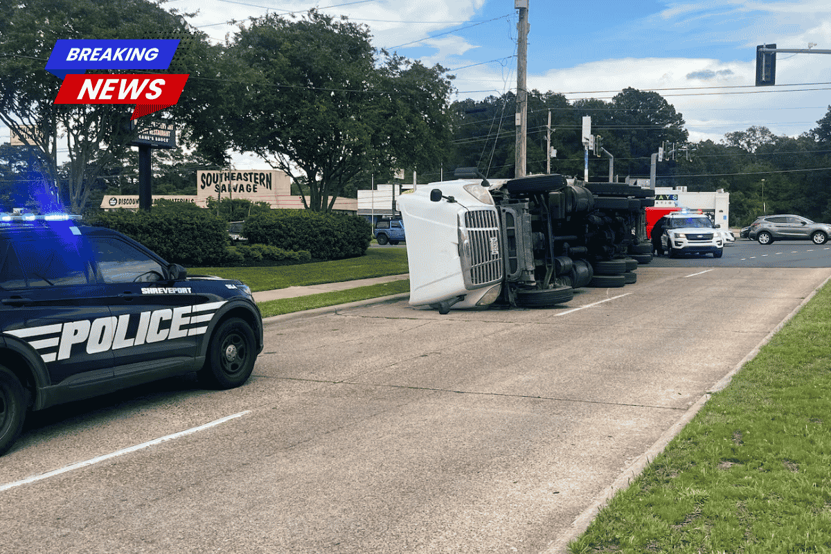 An 18-wheeler overturned at a Shreveport intersection