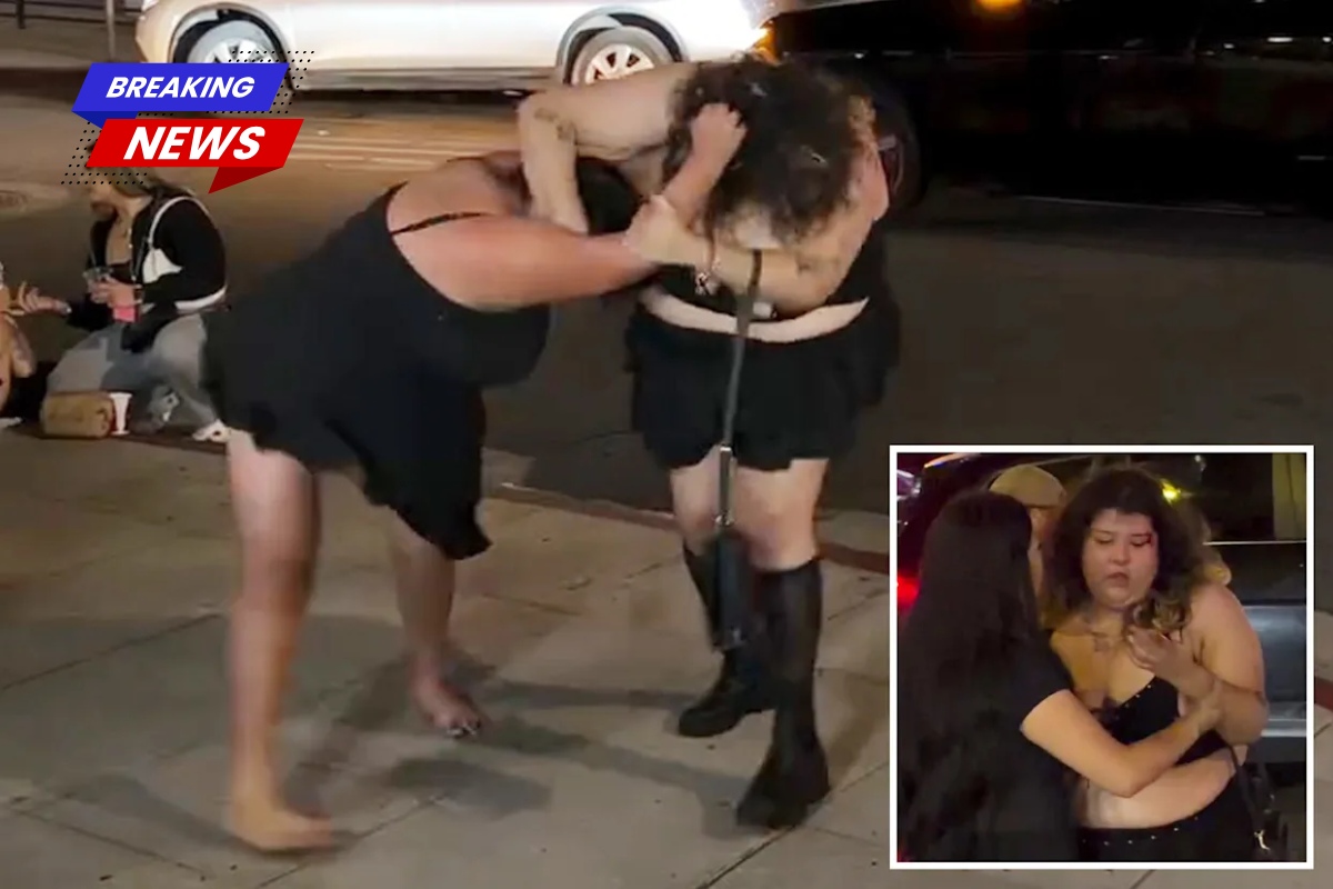A horrifying scene shows women fighting wildly on the street, with one of them being flung by hair and left bleeding on the ground