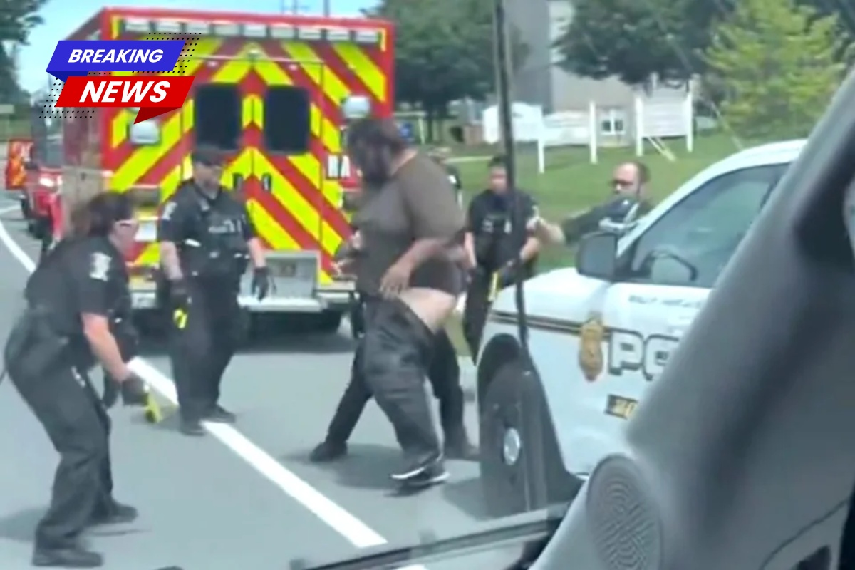 Bizarre moment Maryland police arrest huge suspect as his pants and knickers come down in a viral video